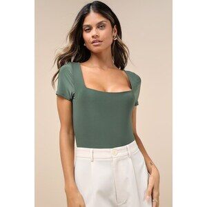Lulus Perfect Possibility Olive Green Short Sleeve Bodysuit - Size S